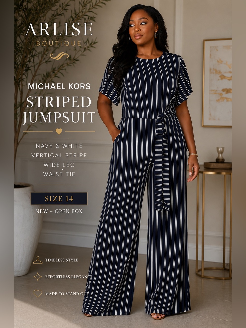 Michael Kors Navy & White Vertical-Stripe Wide-Leg Jumpsuit Size 14